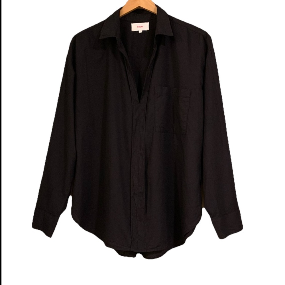 XIRENA Henry Collared Poplin Oversized Shirt Top in Black Size L